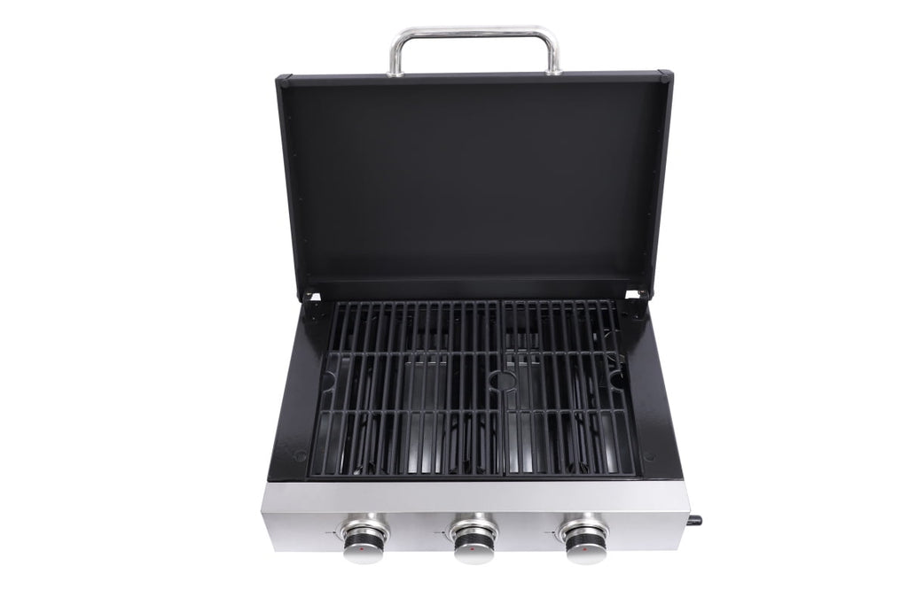 3 Burner Gas Grill - 28,650 BTU High-Powered, Stainless Steel with High-Temperature Enamel Coating, Multi-Function Teppanyaki & Grill, Cast Iron Grates, Pull-Out Oil Pan with Cups, Safe Ignition GORTES