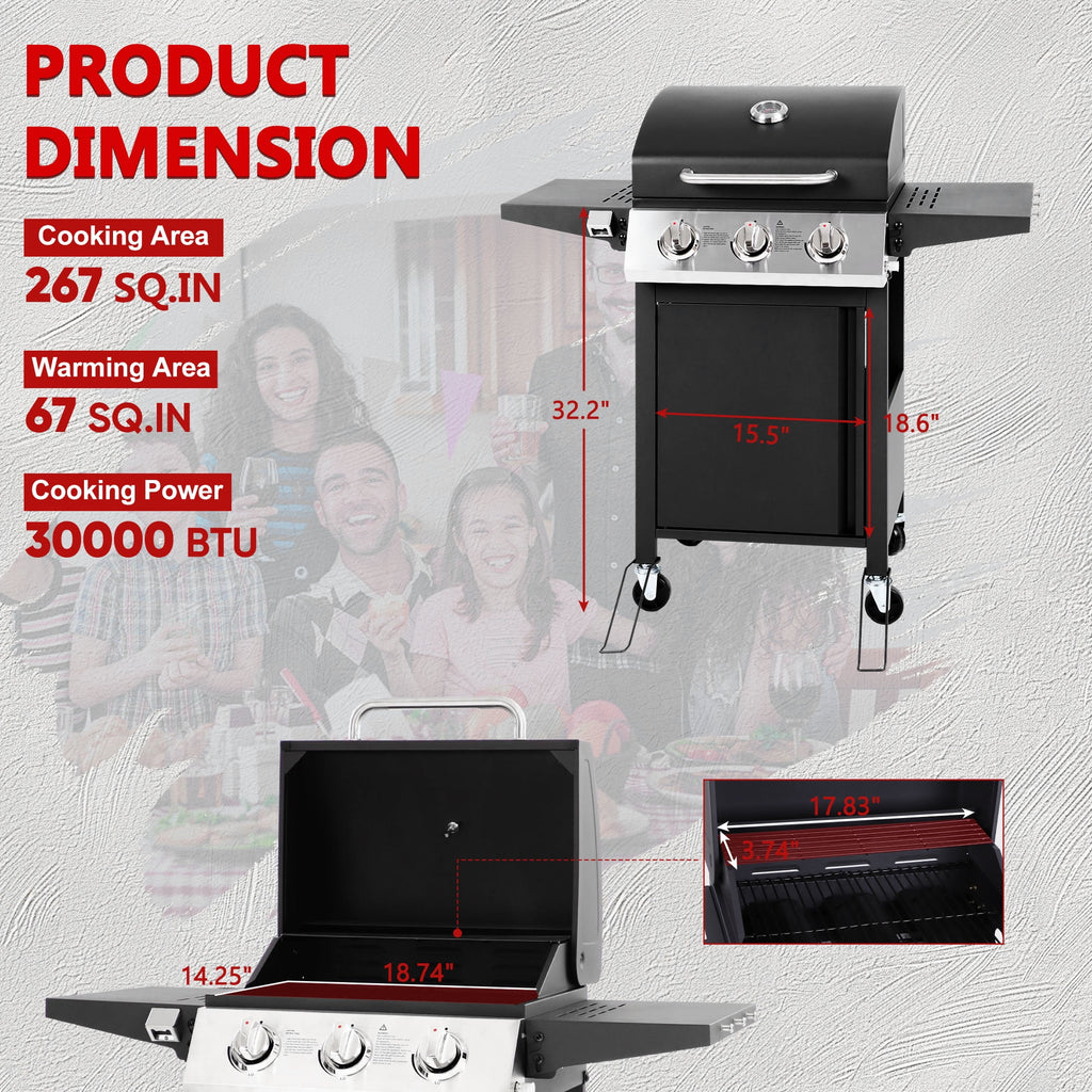 30000 BTU Gas Grill with 4 Universal Wheels, 3 Burners Outdoor BBQ Grill with Steel Brush & Thermometer for Outdoor Camping Gas Grills