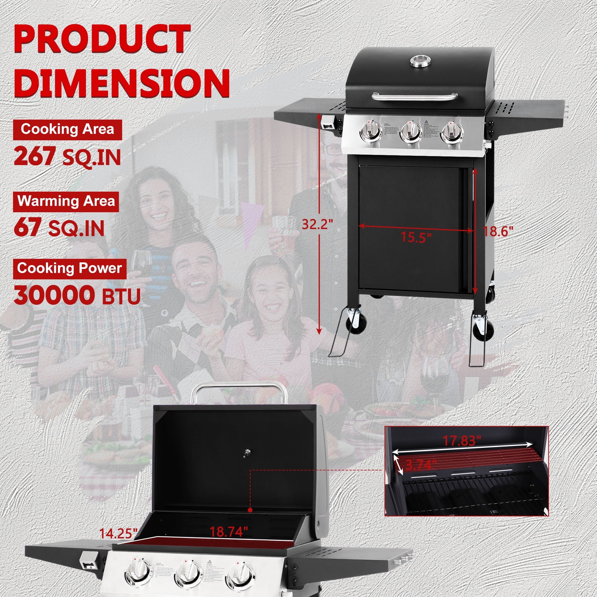30000 BTU Gas Grill with 4 Universal Wheels, 3 Burners Outdoor BBQ Grill with Steel Brush & Thermometer for Outdoor Camping Gas Grills