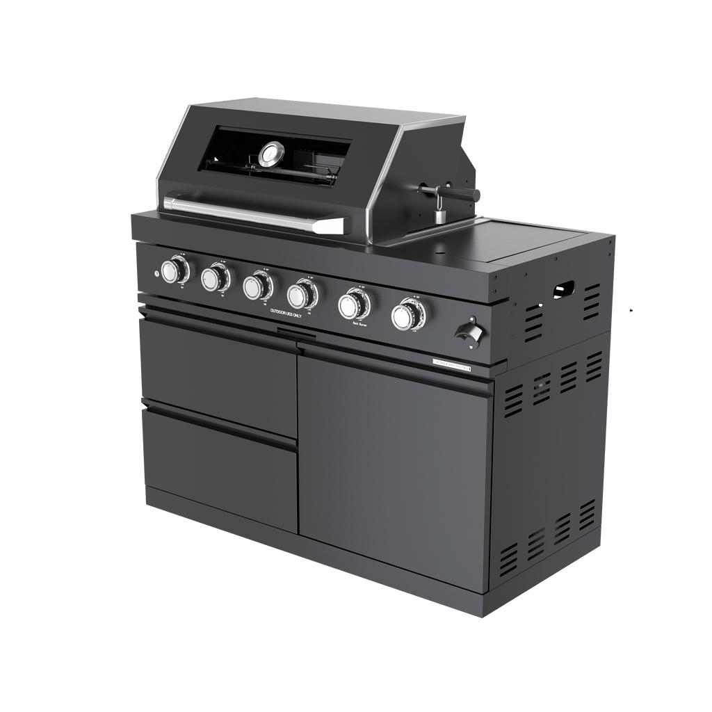 110-Inch 4-Burner 72000 BTU Deluxe Stainless Steel Propane Gas Outdoor Kitchen Bar Barbecue Island Grill Wine Cooler Compact+Refrigerator+Rotisserie+Granite Countertops+Storage Cabinets & Drawers HomeMindful