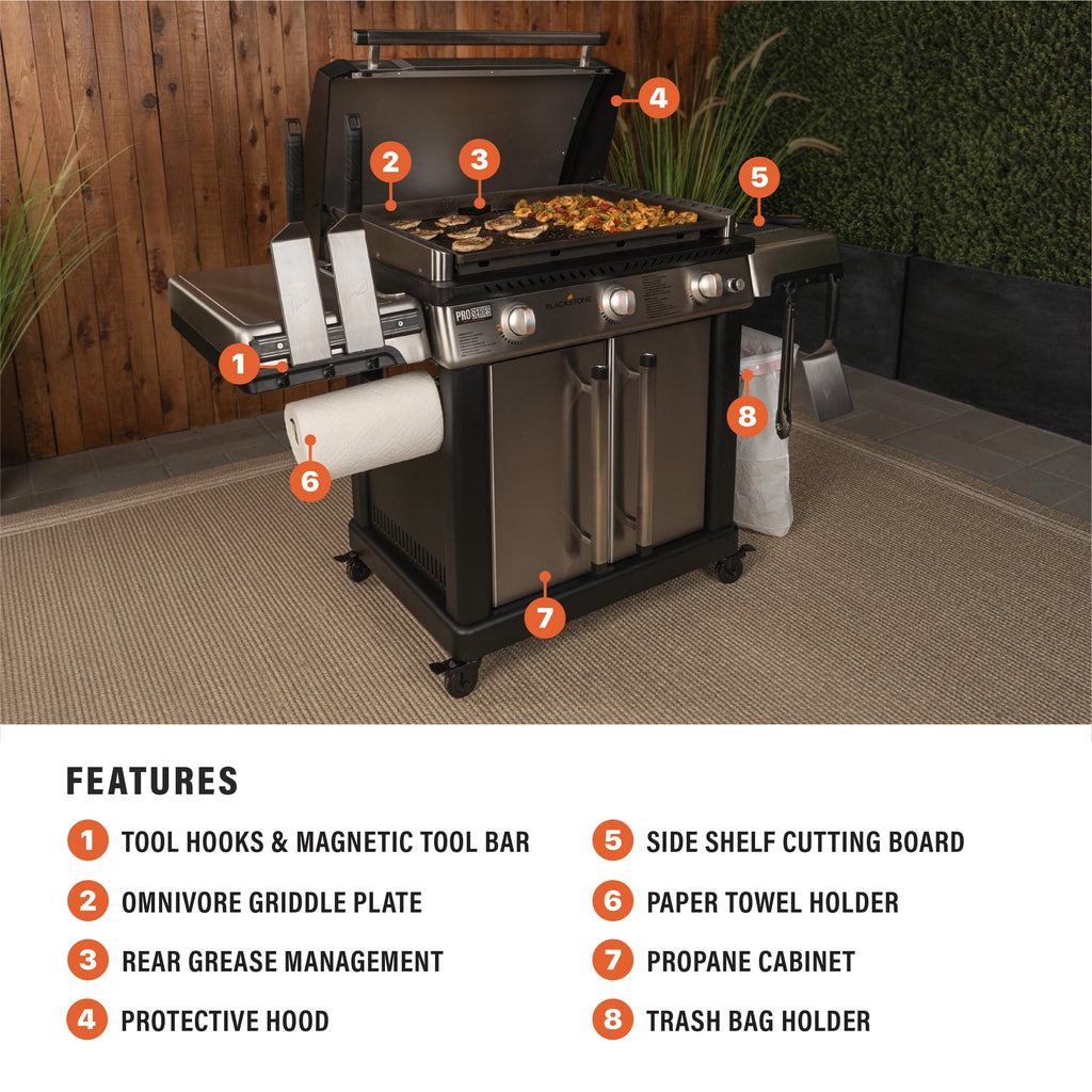 Blackstone Pro Series Outdoor Griddle, 28 Inch XL 3-Burner Flat Top Grill with Cabinet, Stainless Steel Gas Grills