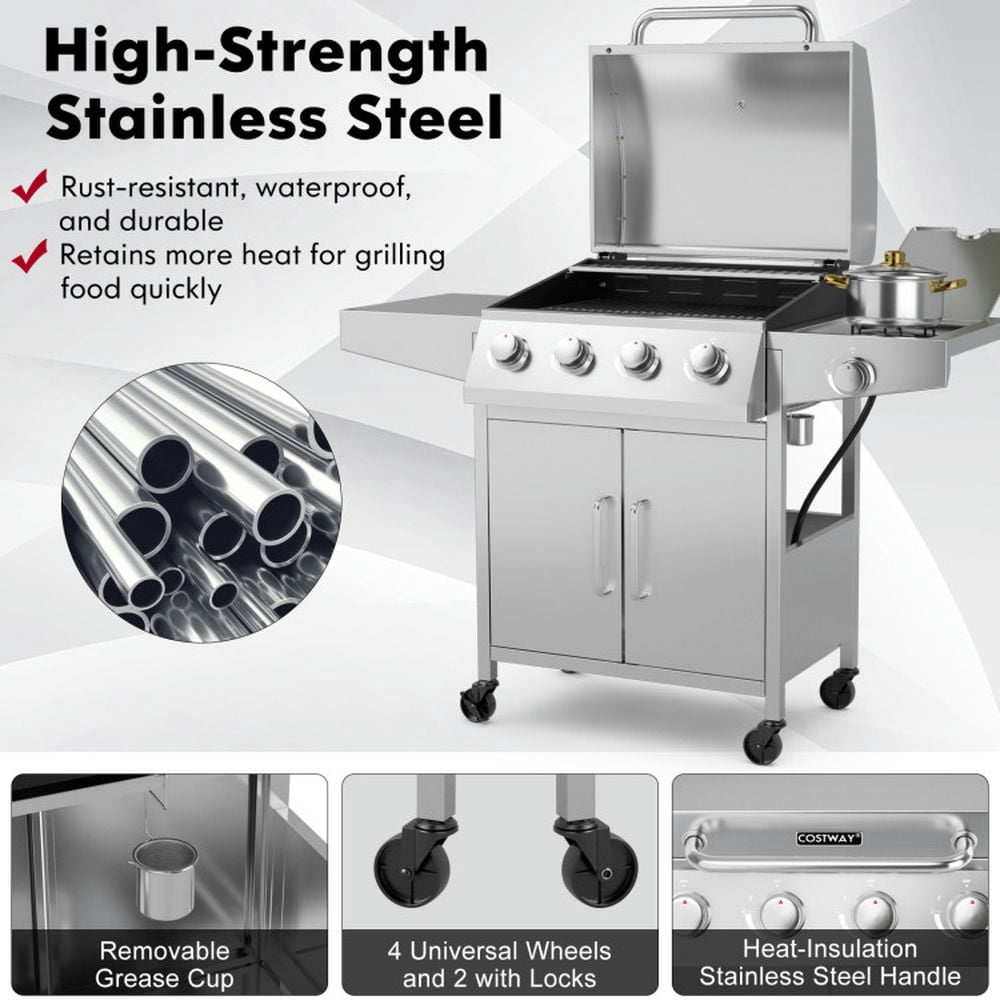 Spaco 50000BTU 5-Burner Propane Gas Grill with Side Burner and 2 Prep Tables-Silver, Camp Stove for Outdoor Cooking Spaco