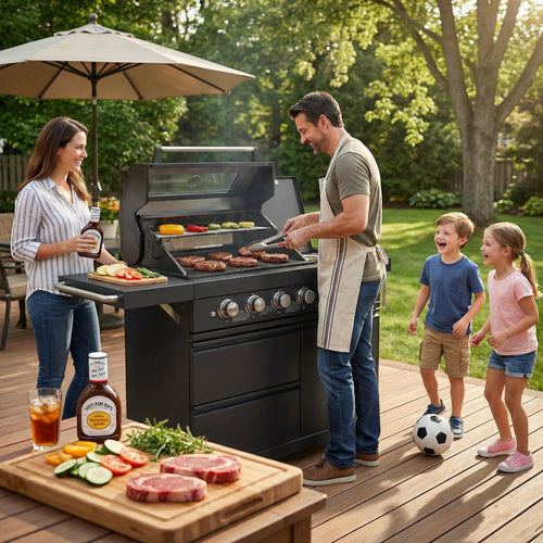 46-Inch Outdoor Kitchen Island Grill, 6-Burner 75,300 BTU Stainless Steel BBQ with Rotisserie Kit, Granite Countertops, Storage Cabinets & Wheels, Propane/Natural Gas Convertible, Black Chery Industrial