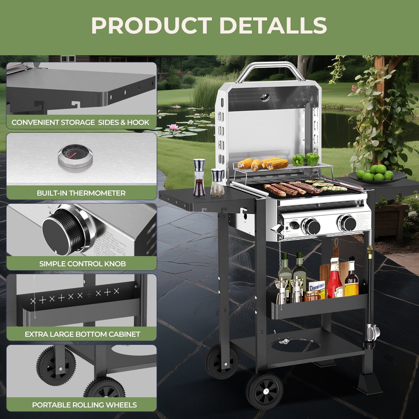 Gas Grill with 2-Burner,Outdoor Gas BBQ Grill,16000 BTU WAA