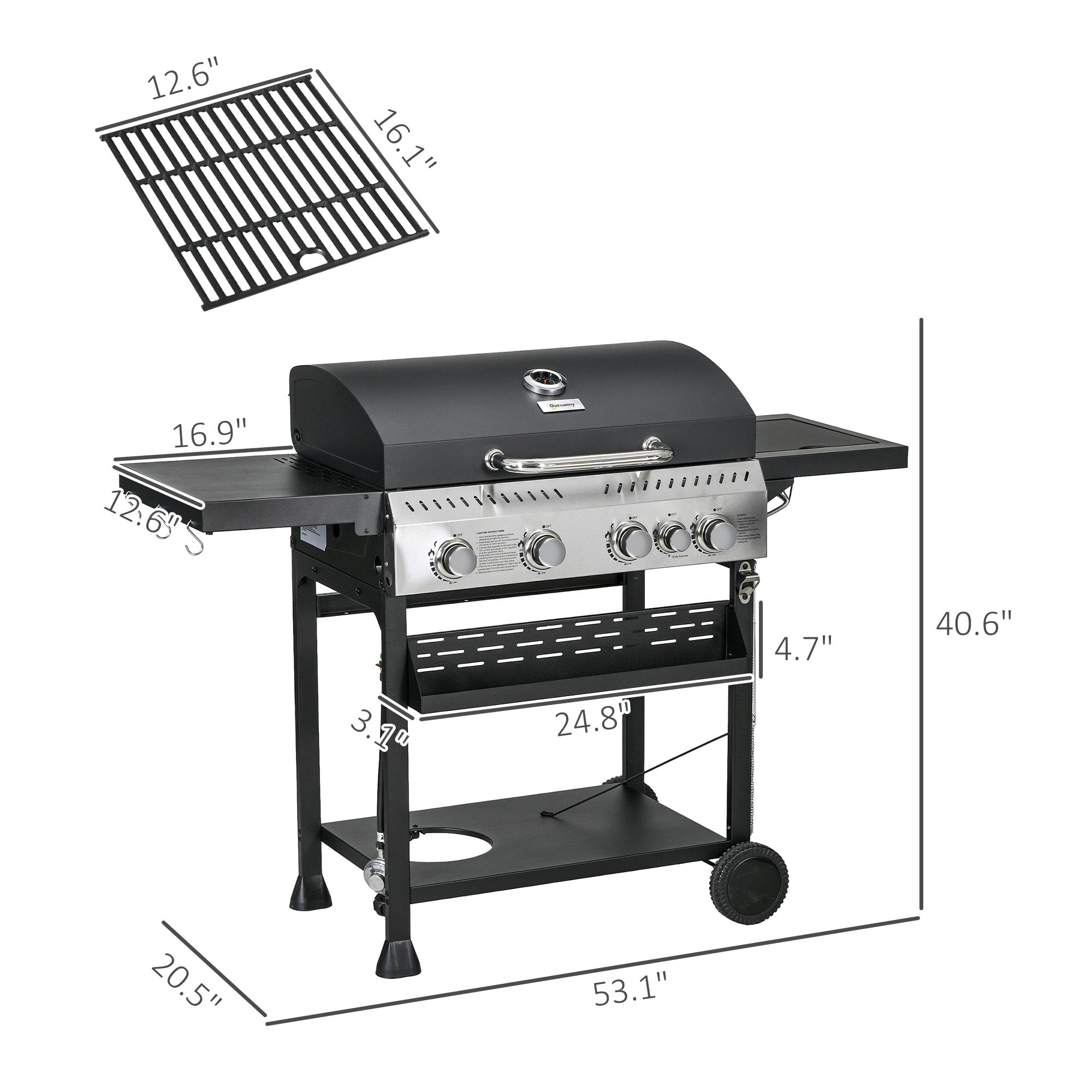 Outsunny 4 Burner Propane Gas Grill with Side Burner, 40,000 BTU Outdoor Barbeque with Shelves, Thermometer, Bottle Opener, Black Outsunny