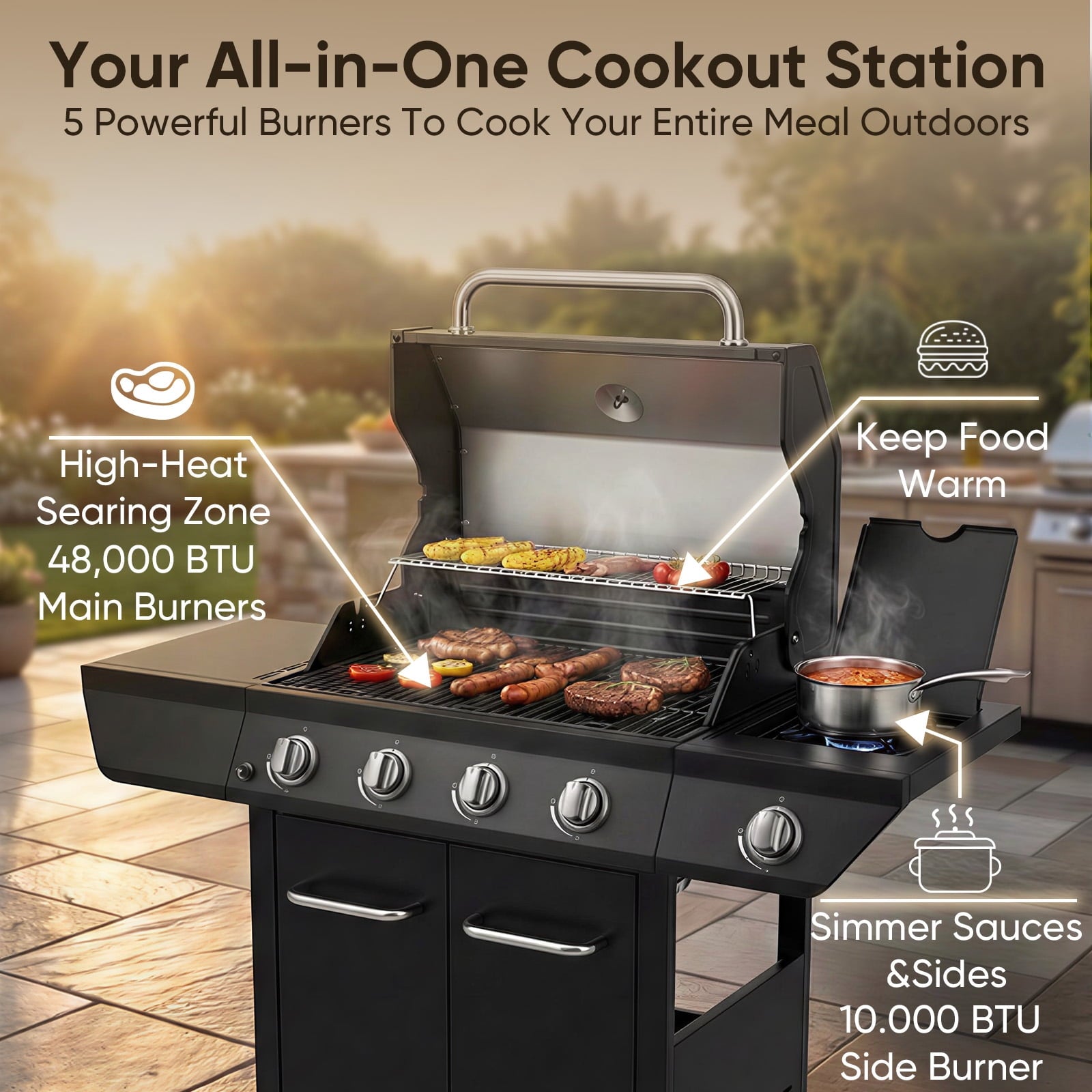 TABU 4-Burner Propane Gas Grill with Side Burner, 58,000 BTU Propane BBQ Grill with Storage Cabinet, Ideal for Outdoor Cooking TABU