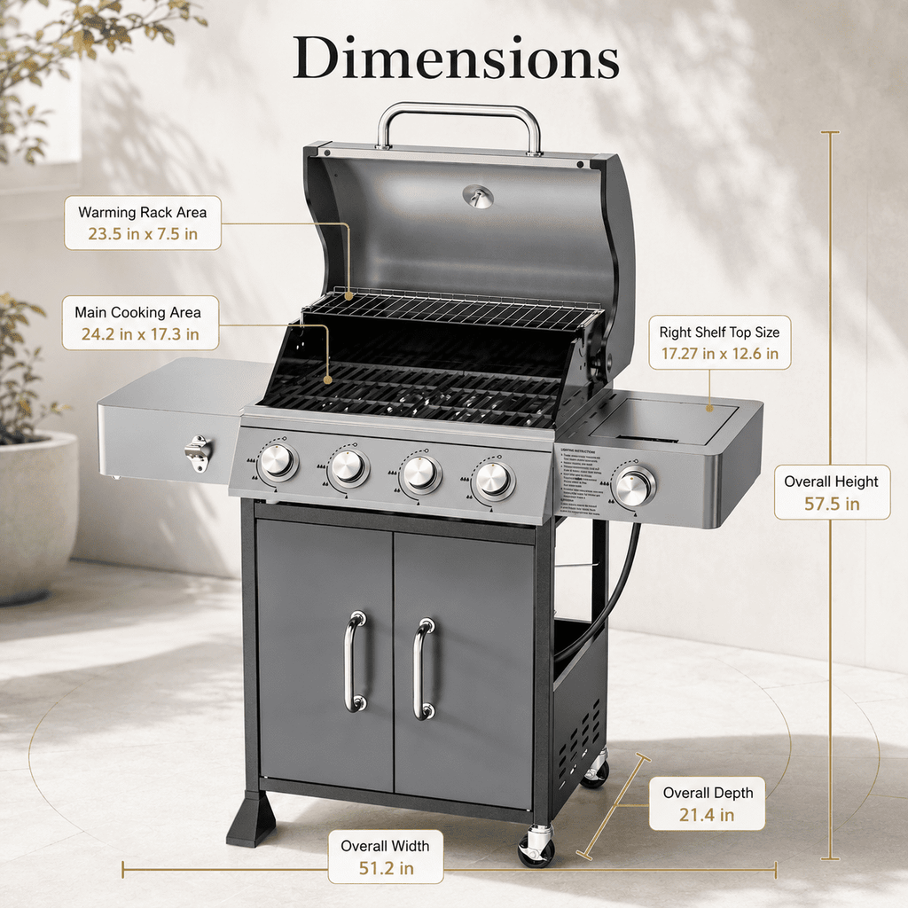 4-Burner Propane Gas Grill with Side Burner, 51,000 BTU Outdoor BBQ Grill with Porcelain-Enameled Grates, Warming Rack, Side Tables, Bottle Opener, Thermometer and Wheels for Patio Backyard Cooking Gas Grills