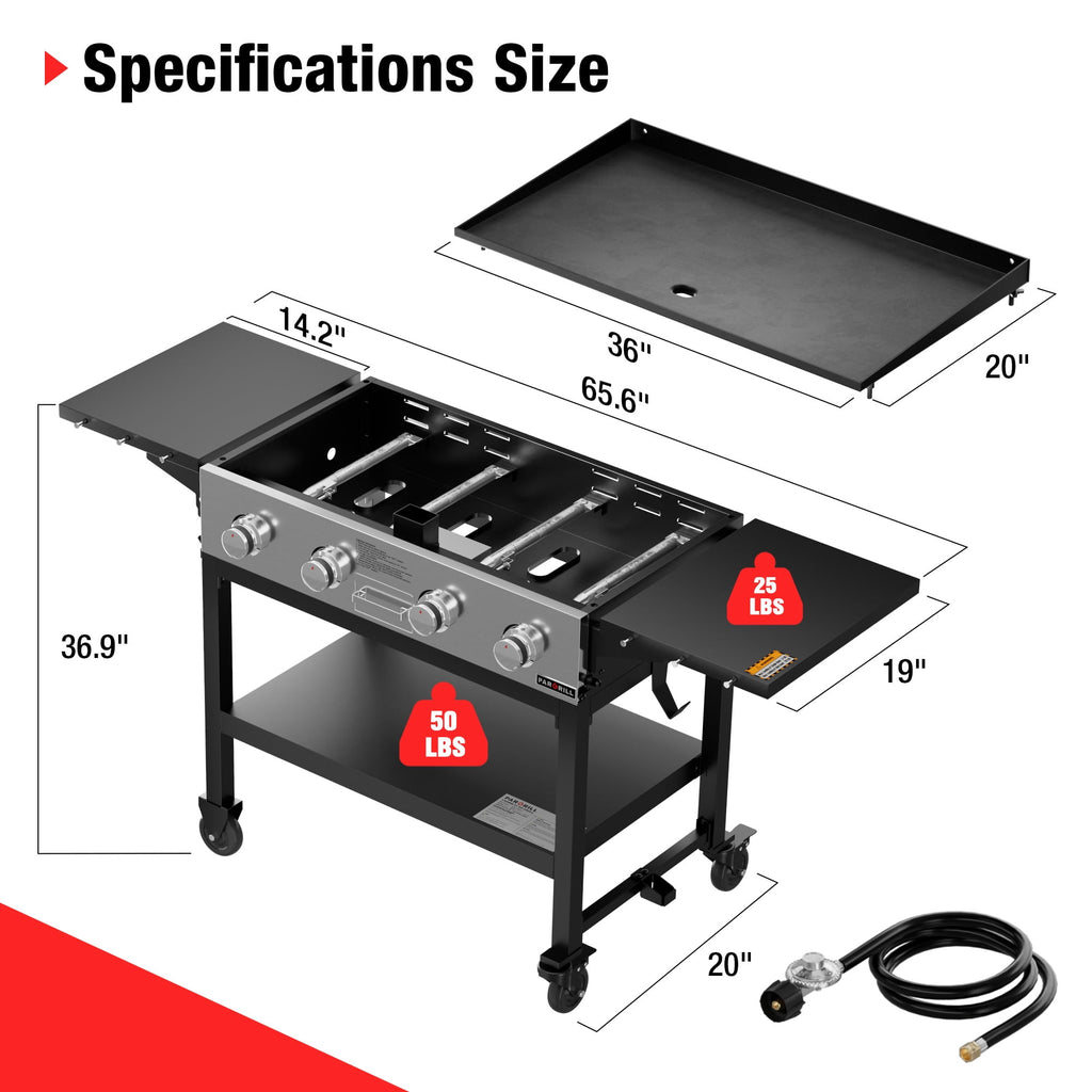 PARGRILL 36 Gas Griddle, 4 Independent Burners Propane Flat Top Grill with Side Tables, 60,000 BTU Outdoor Griddle Station with Wheels for Backyard BBQ PARGRILL