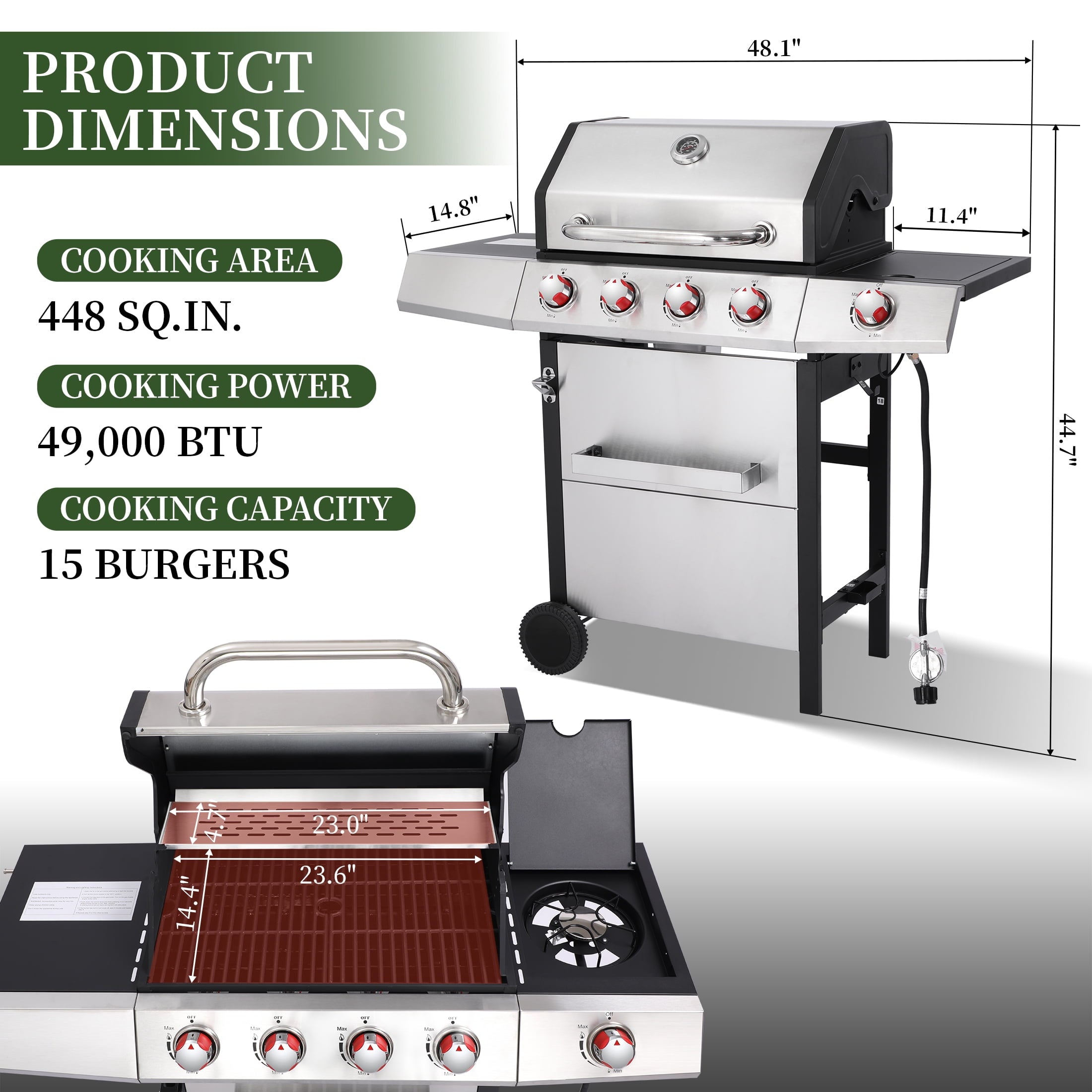 4 Burner Propane Gas Grill Combo w/Side Burner, 3-in-1 BBQ Grill with Charcoal Smoker & Griddle Plate, 46,750 BTU, 448 Sq.In. Stainless Steel Outdoor Cooking Station Nice Cooker