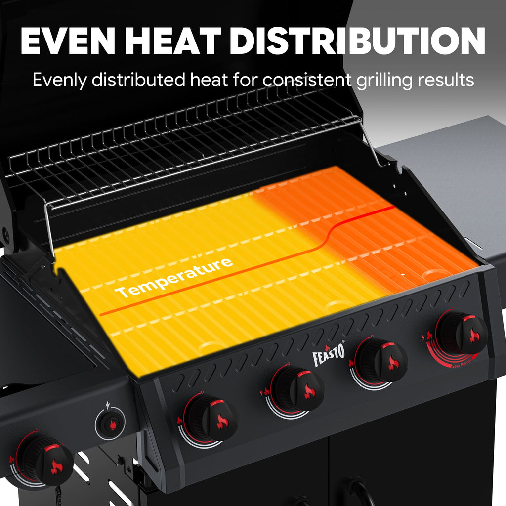 Feasto 4-Burner Propane Gas Grill with Side Sear Burner, 49500 BTU, 563 Sq.In., Cabinet Storage Gas Grills