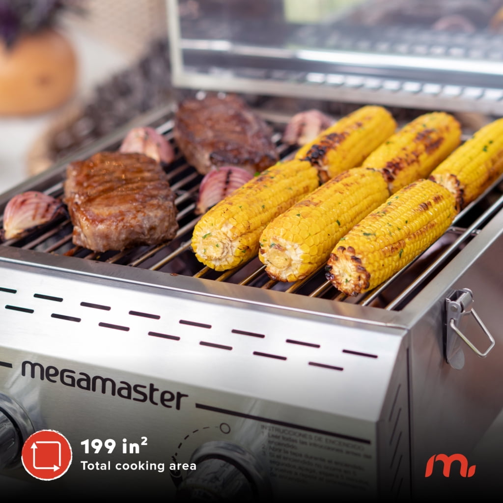 Megamaster 2-Burner Stainless Steel Portable Gas Grill with Built-In Lid, 16,000 BTUs, Foldable Legs, Small Propane Grill for Outdoor Cooking, Camping, BBQs, Patios, Tabletop, and Gardens - 820-0033M Megamaster