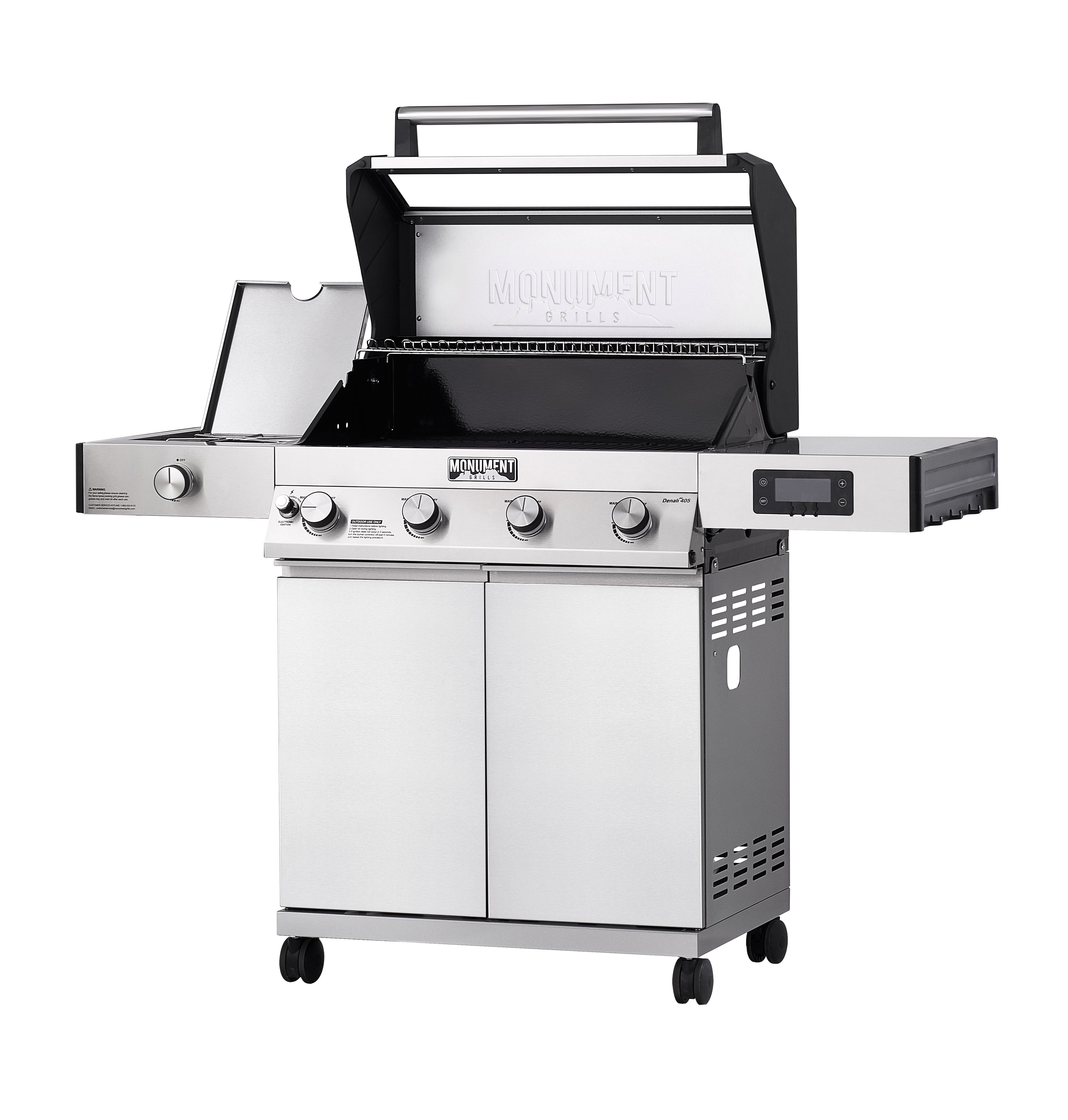 Denali 4-Burner Propane Gas Grill in Stainless with Clearview Lid, 3-Phase LED Controls, Grill Cover, and Side Burner Monument Grills