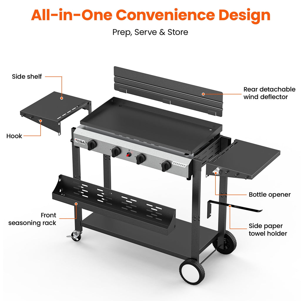 Tcisa 4 Burner Propane Gas Griddle with Standing Cart, Flat Top Grill with Hood for Camping, Tailgating, Backyard Gas Grills