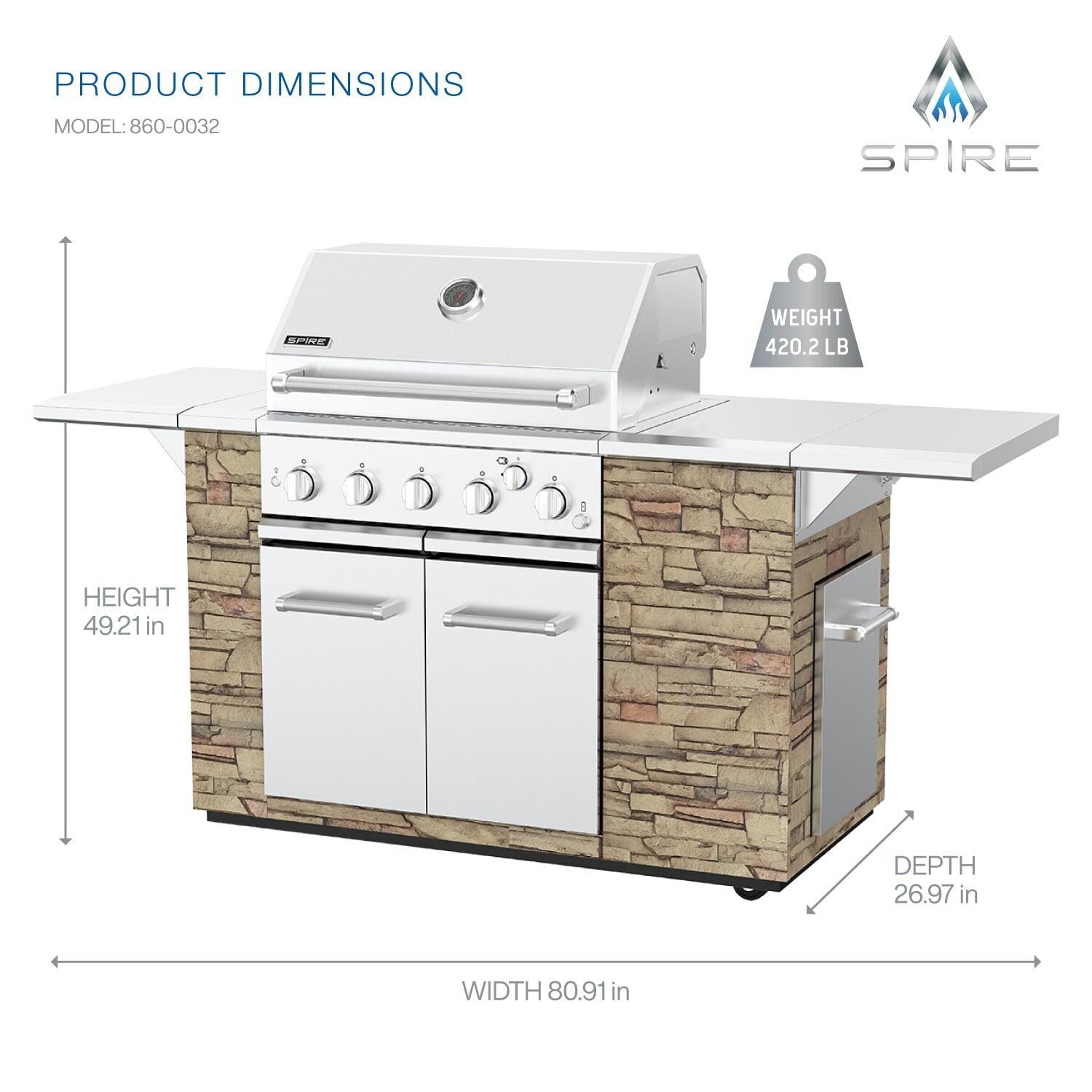 Spire 5-Burner Built-in Propane Gas Stone Island Grill w/Rear Burner, 63,000BTUs, 758 sq.in. Cooking Area, Convertible to Natural Gas, 2 Fixed Shelves, Pullout Trash Bin, 2 Halogen Light, 860-0032 Gas Grills