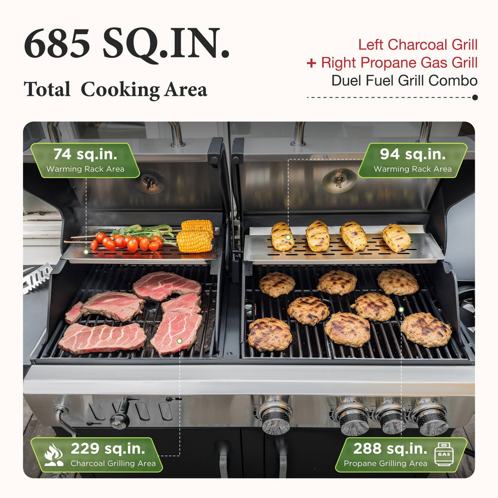 MF Studio Gas and Charcoal Grill Combo Dual Fuel 3-burner 37,000 BUT BBQ Grill with Side Burner MF Studio