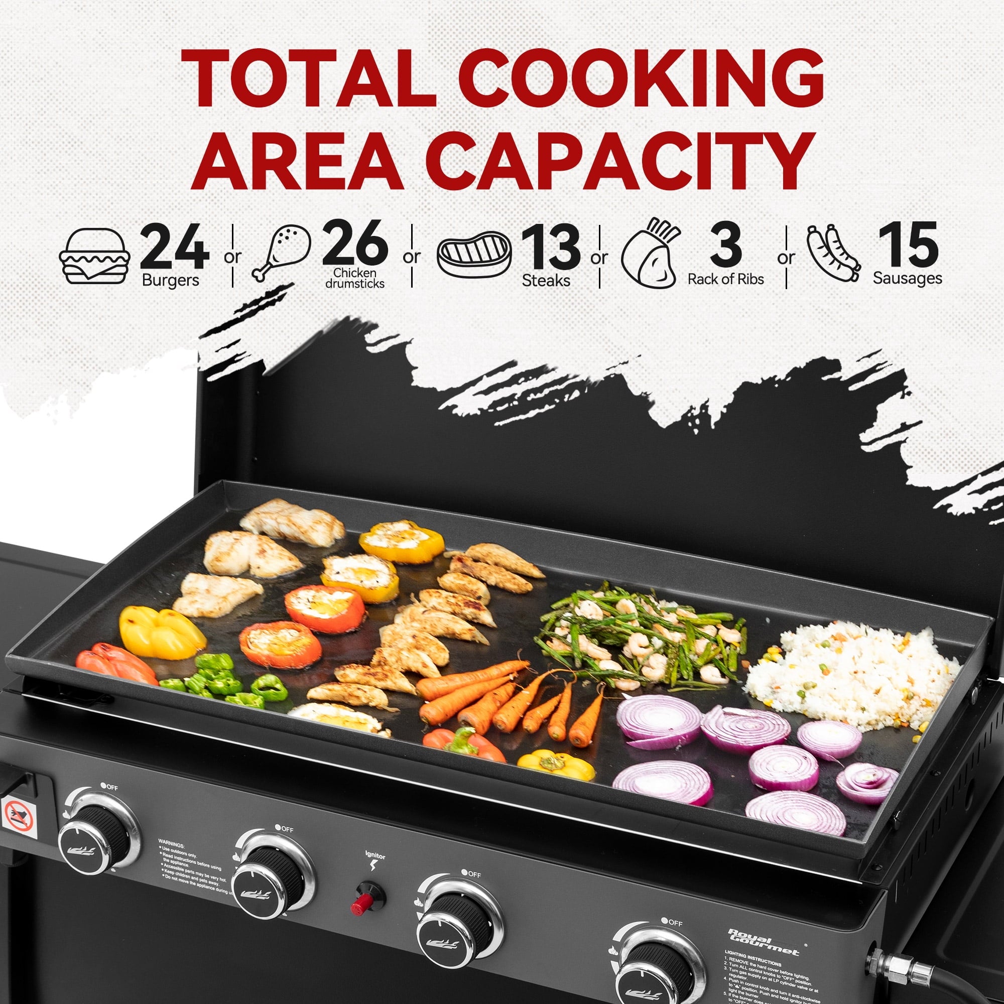Royal Gourmet PD4001 30-Inch 4-Burner Gas Griddle with Hood, Tabletop Gas Griddle with Removable Standing Cart, Free-Standing Cart with Side Shelves and Hooks Royal Gourmet