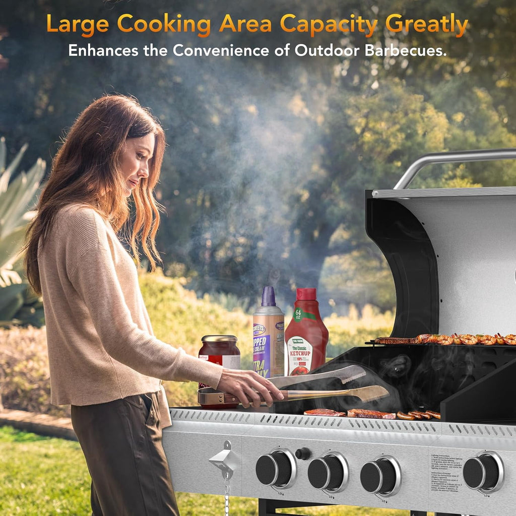 37000 BTU 3-Burner Propane Grill, Stainless Steel BBQ Grill with Side Burner & Porcelain-Enameled Cast Iron Grates for Outdoor Patio Camping WAA