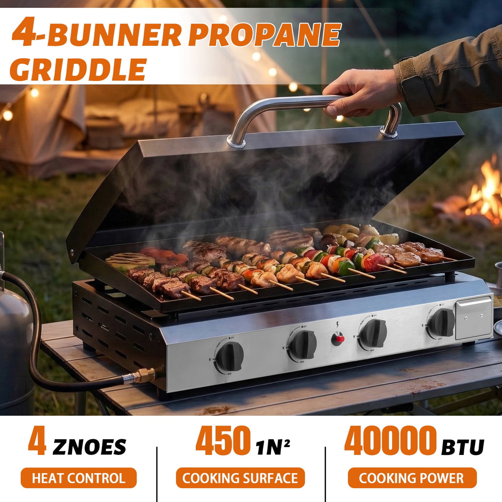 Ktaxon 4 Burner Propane Griddle Flat Top Gas Grill 40000 BTU with Lid,Ceramic Coated Cast Iron Pan,Portable Gas Grills