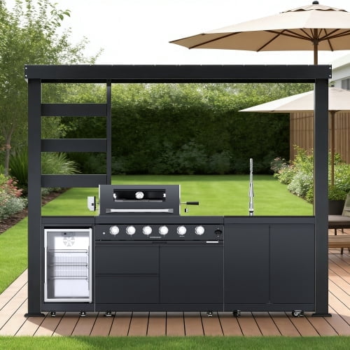 110-Inch 4-Burner 72,000 BTU Stainless Steel Outdoor Kitchen Island Grill with Wine Cooler Refrigerator, Rotisserie Kit, Granite Countertops, Storage Cabinets & Drawers Chery Industrial