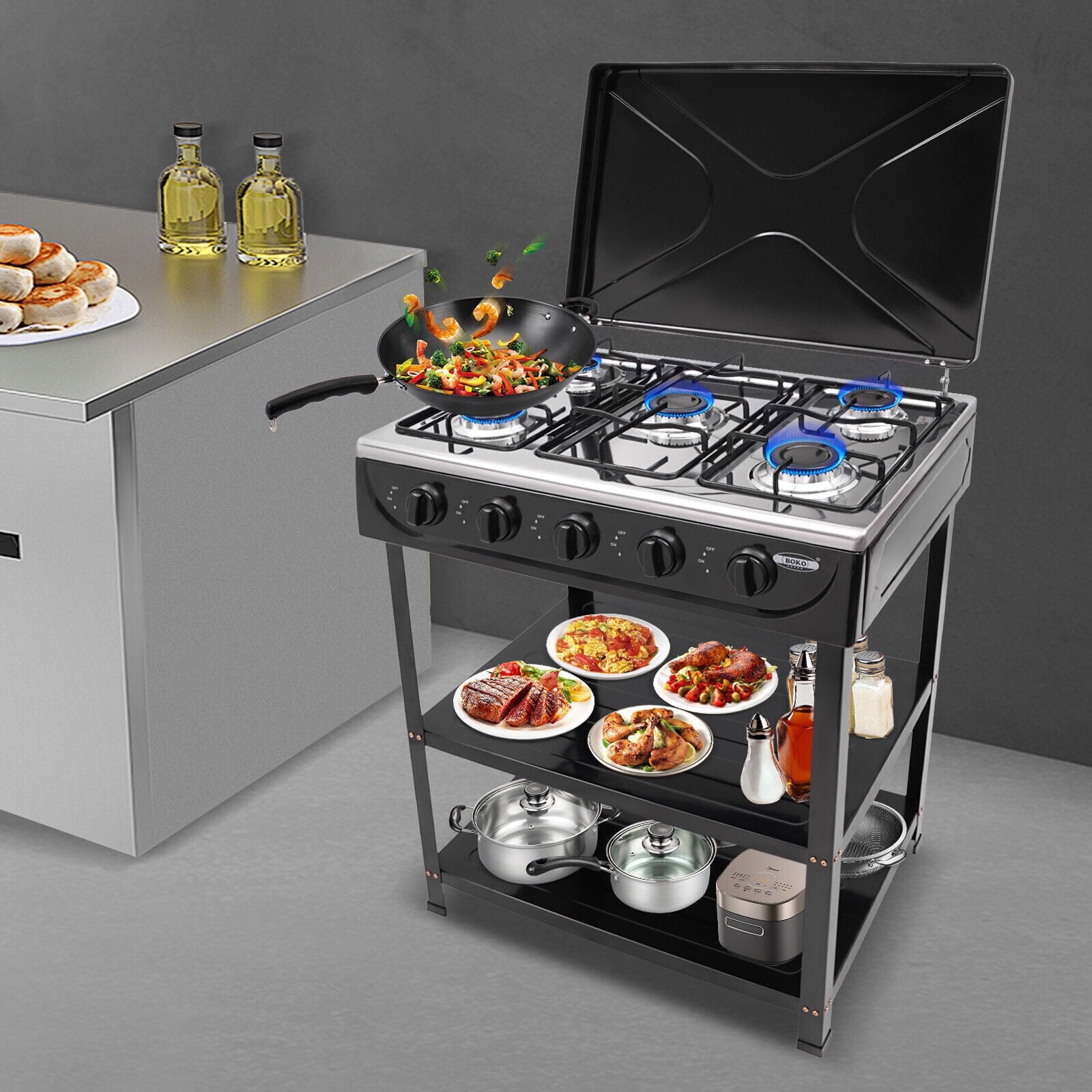 5-Burner Gas Stove Outdoor Camping Cooking BBQ Grill with 2-Tier Storage Rack Unbranded