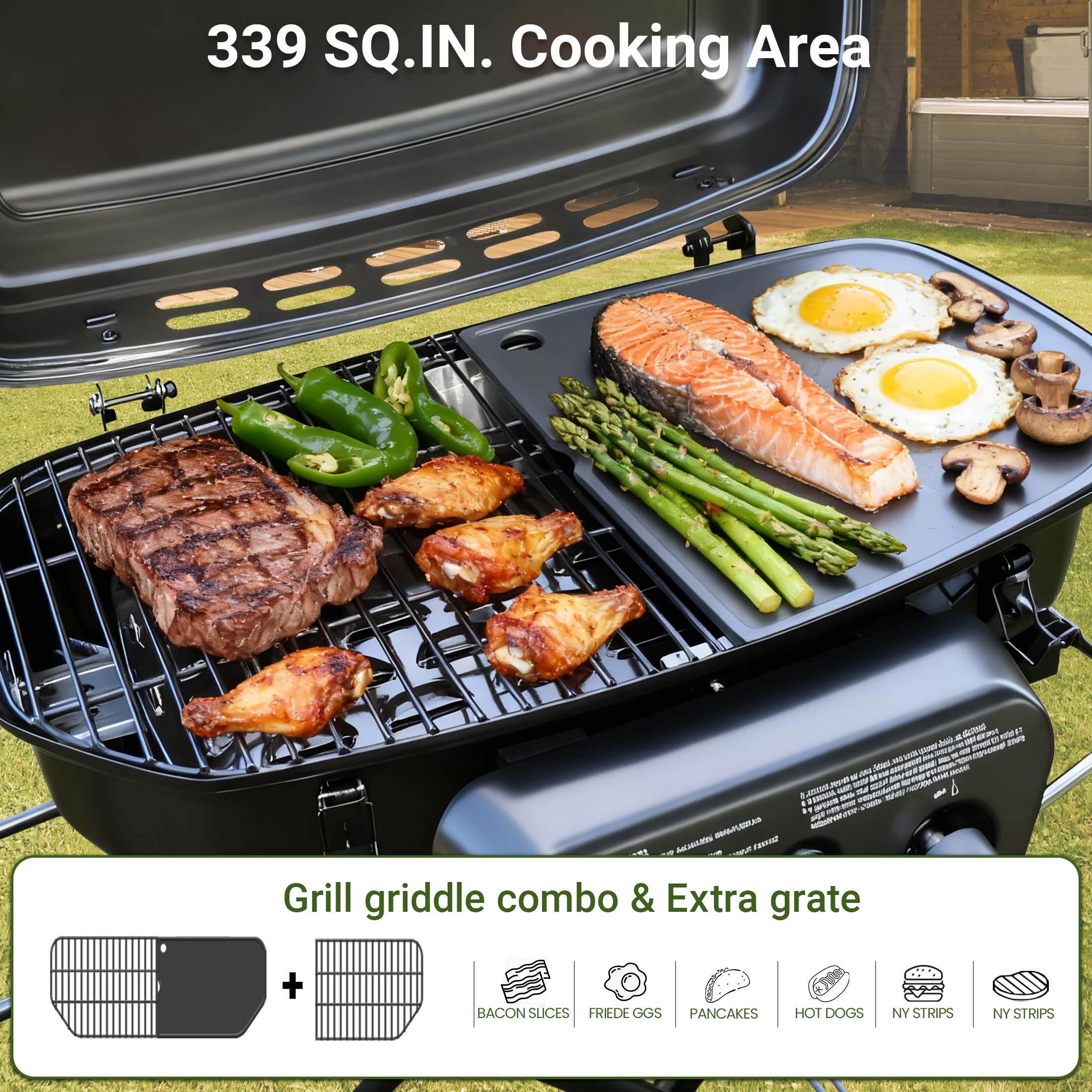 Brand Man Portable 2-Burner Camping Propane Gas Grill, Enameled Foldable BBQ with Griddle for Outdoor Cooking, Green Gas Grills