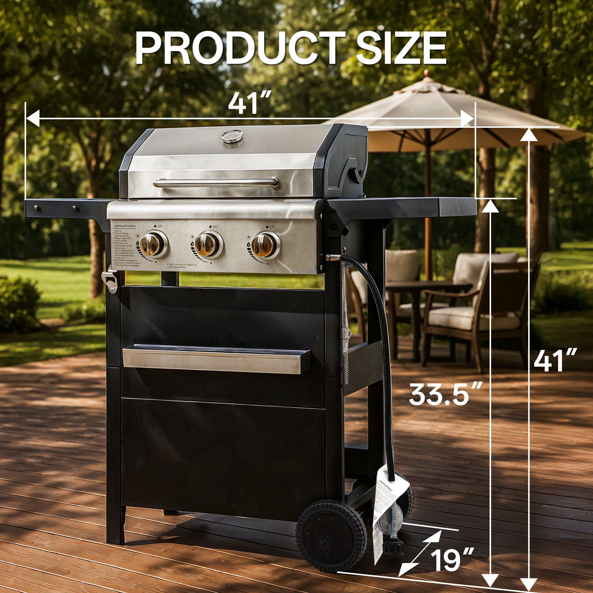 3 Burner Propane Gas Grill, Stainless Steel 36,000 BTU BBQ Grill, Built-in Lid Thermometer, Ideal for Patio Camping Backyard TPUFO