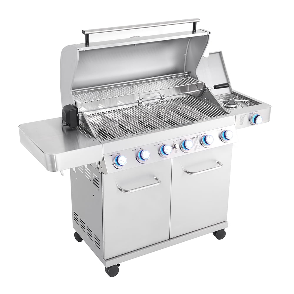 Monument Grills 6-Burner Propane Gas Stainless Grill with LED Controls, Side Burner, Rotisserie Kit, and Grill Cover Monument Grills