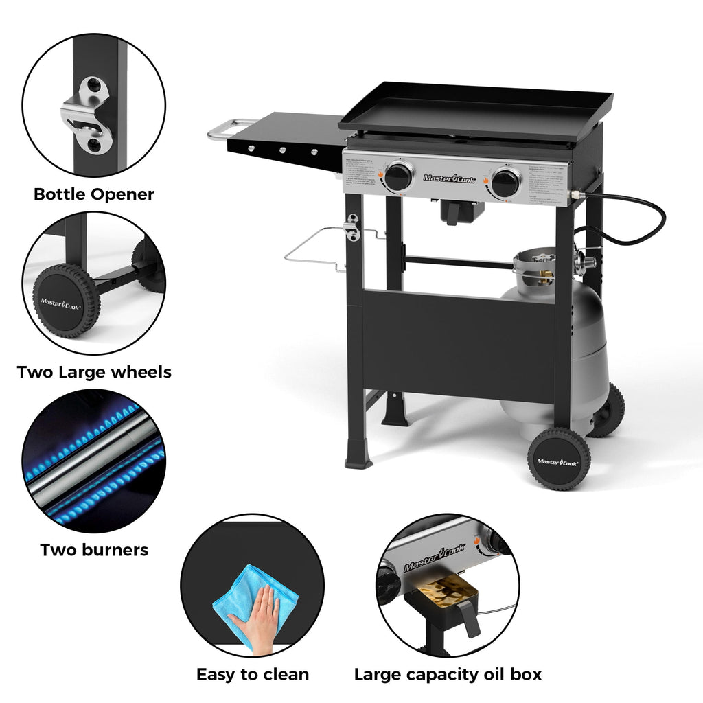 Master Cook 2-Burners Propane Griddle, Flat Top Gas Grill Griddle with Side Shelves for Outdoor BBQ, Camping Master Cook