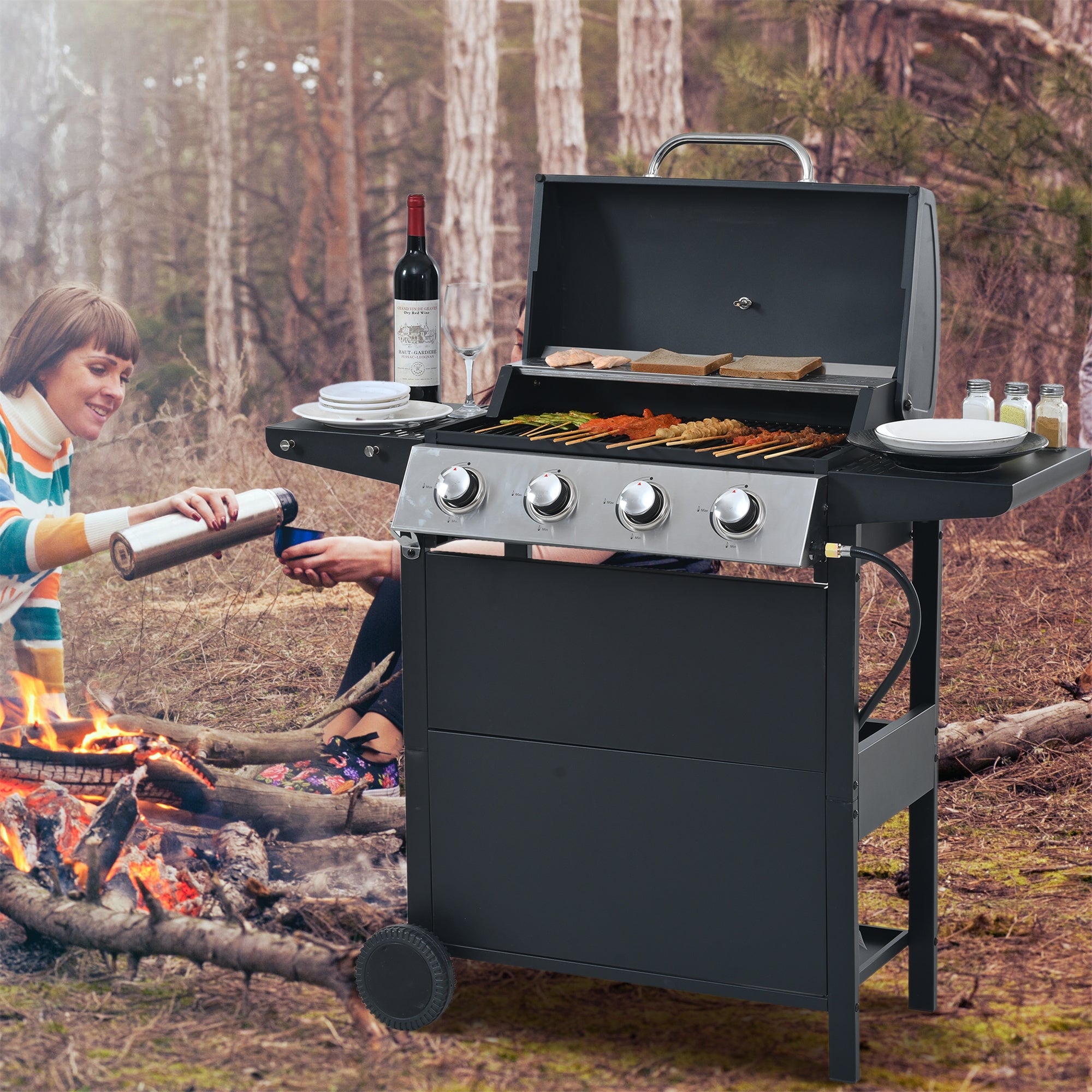 Minyam 4-Burner Propane Gas Grill with Side Shelves and Wheels, Stainless Steel Gas Grills