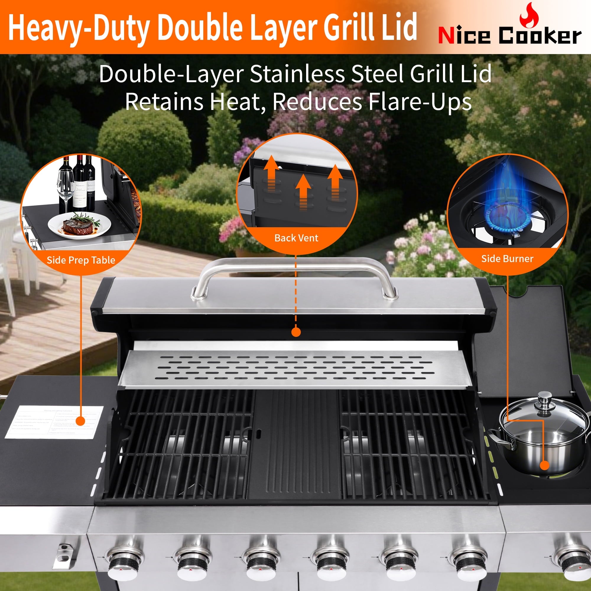 Nice Cooker 6-Burner Propane Gas BBQ Grill with Side Burner - 65850 BTU Total Output Stainless Steel Grills with Enameled Cast Iron Grill for Outdoor Backyard Barbecue, 620 SQ. IN. Cooking Area Nice Coker
