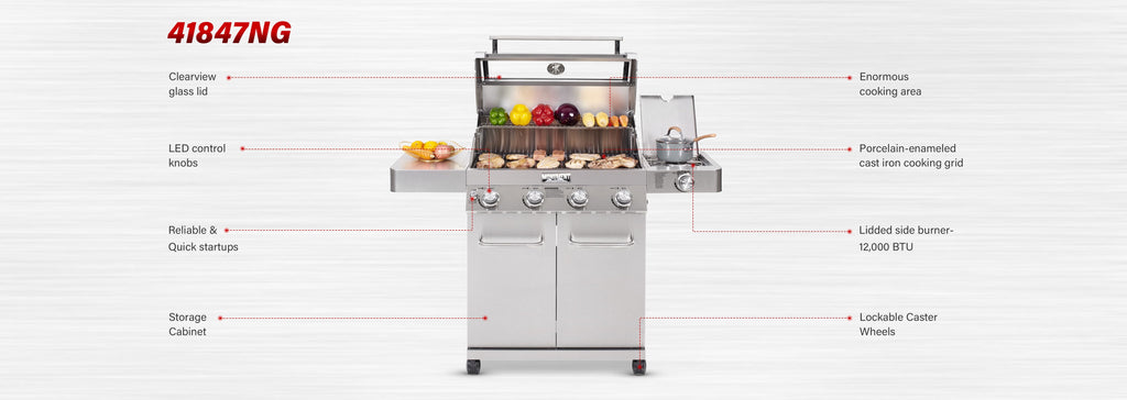 Monument Grills 4-Burner Natural Gas Grill in Stainless with Clear View Lid, LED Controls, Grill Cover, and Side Burner Monument Grills