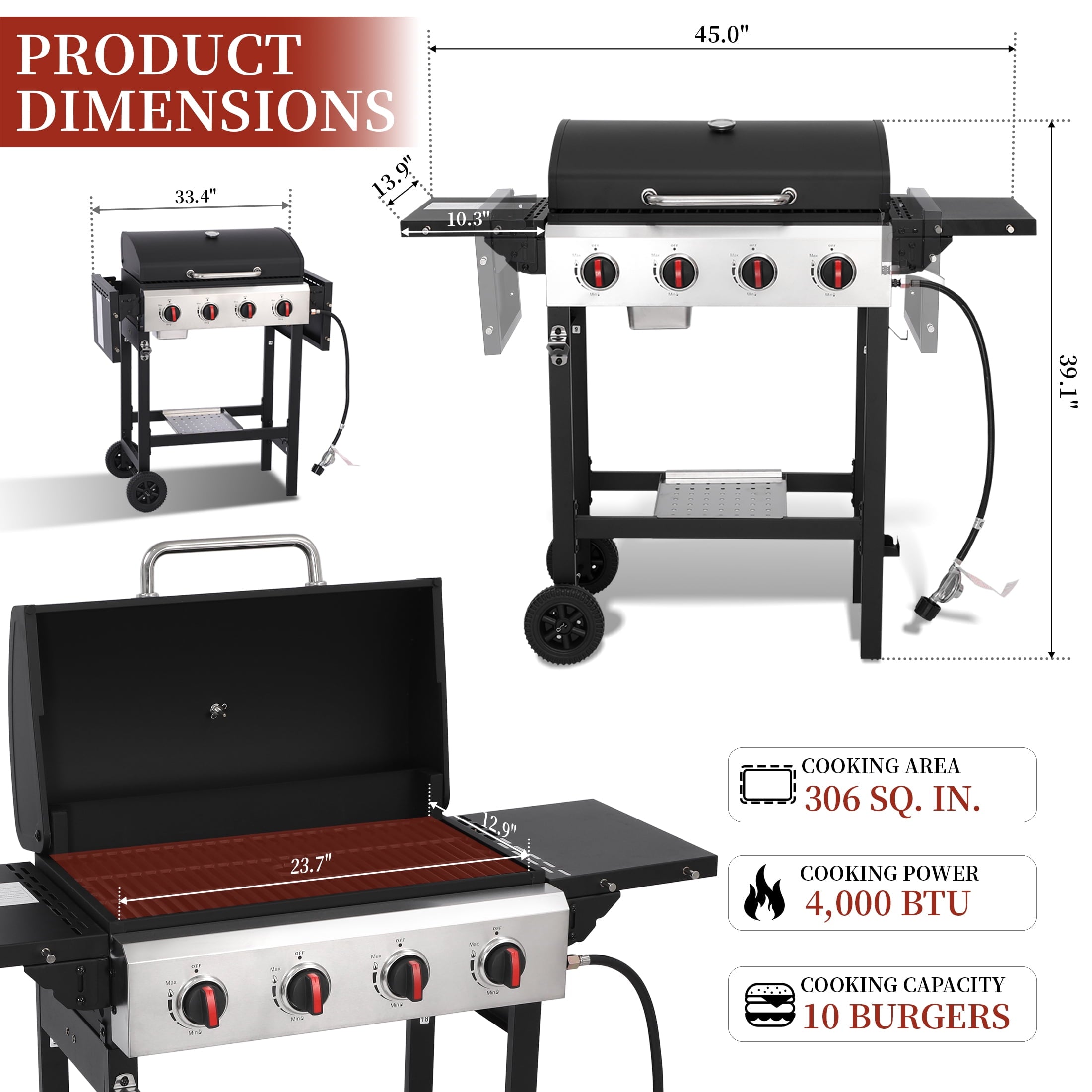 CIG GARDEN 4-Burner Propane Gas Grill with Folding Side Tables, Cast Iron Grates, and Stainless Steel Grill Pan CIG GARDEN