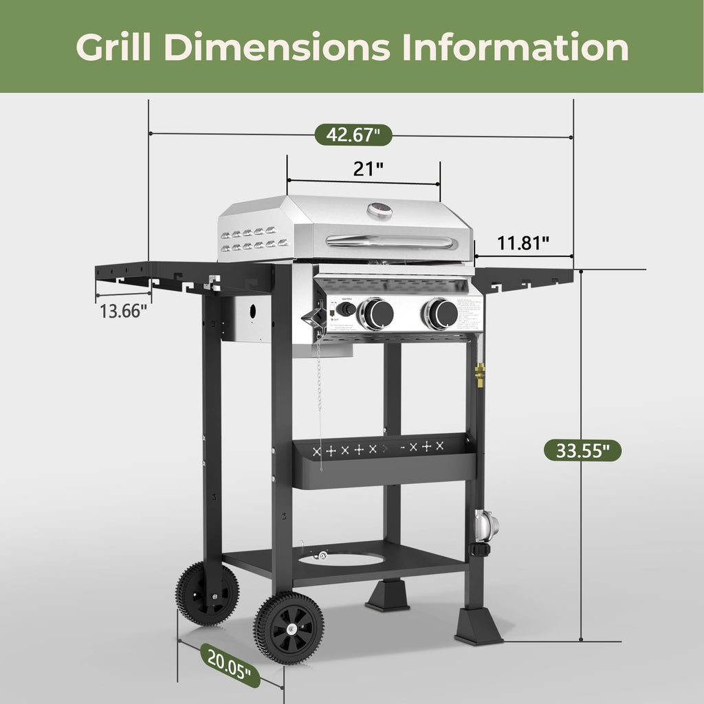 WAA Propane Gas Grill with 2-Burner,Outdoor Gas BBQ Grill with Side Storage Shelves,Top Cover Lid, Oil Tray,Wheels,Barbeque Stove for Barbecue Cooking,Patio,Camping and Party,16000 BTU Gas Grills