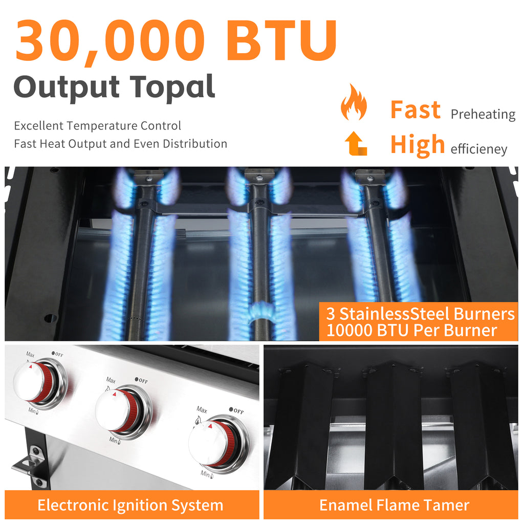 3-Burner Propane Gas Grill with 30,000 BTU Output - Double-layer Stainless Steel Grill Lid, Enamel Cooking Grate, Easy-Clean Grease Management & Even Heat Distribution for Perfect BBQs Born Free