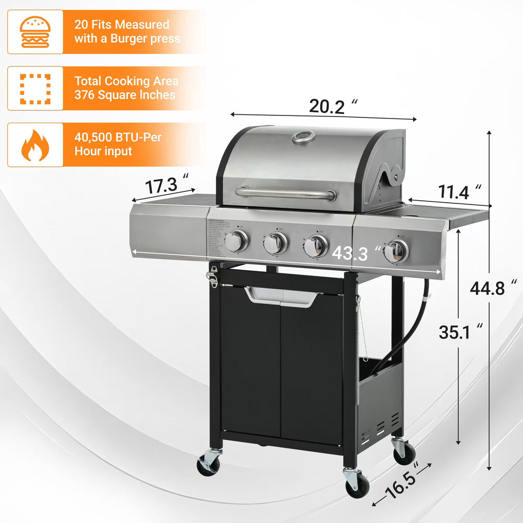 Gas Grill w/Side Burner, 40500BTU Propane Grill with Cover, Stainless Steel Outdoor BBQ 2 Cooking Areas, Portable Grill for Camping Patio Gas Grills