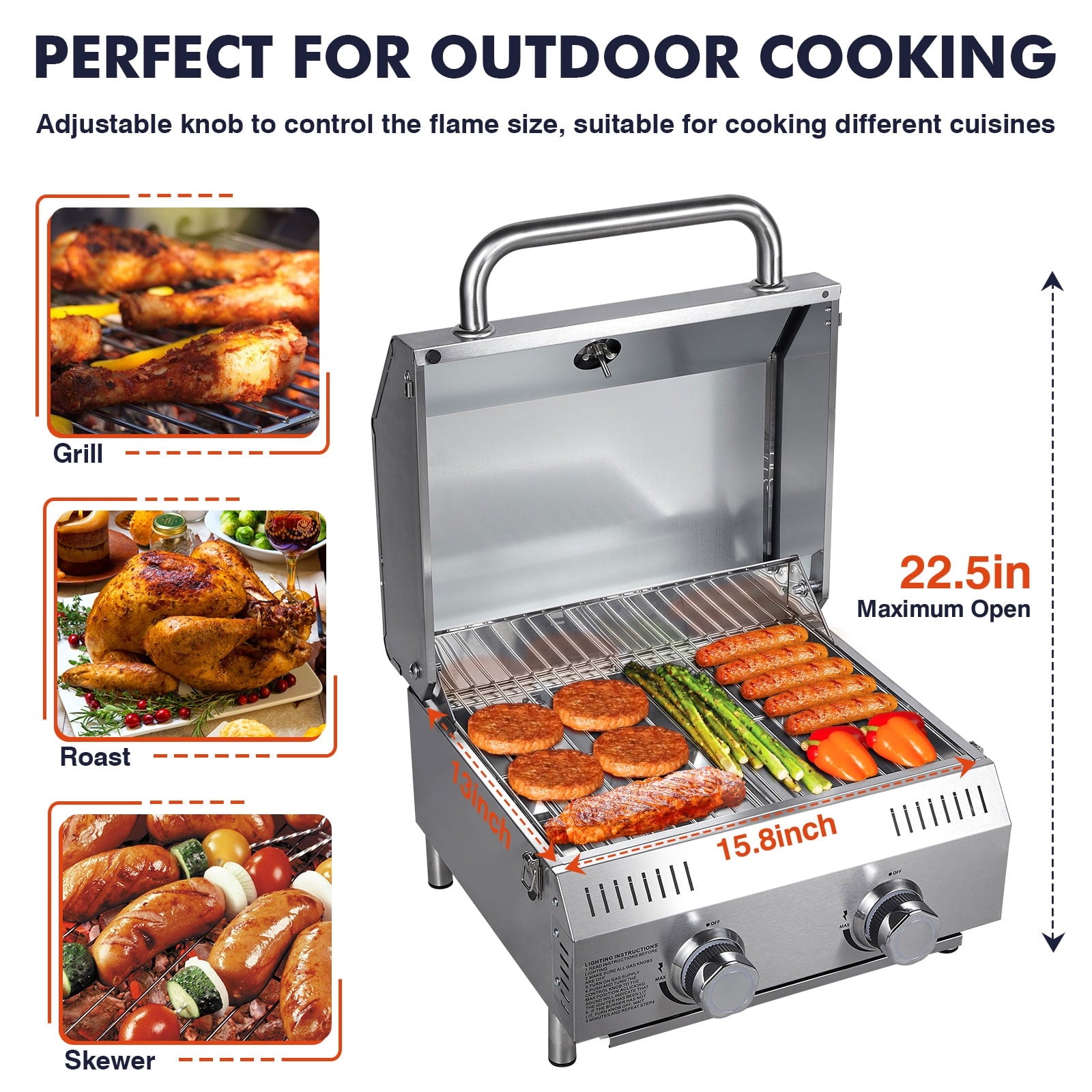 Frizi Portable 2-Burner Tabletop Propane Grill for Patio, 20,000 BTU, Stainless Steel, Camping & Tailgating Gas Grills