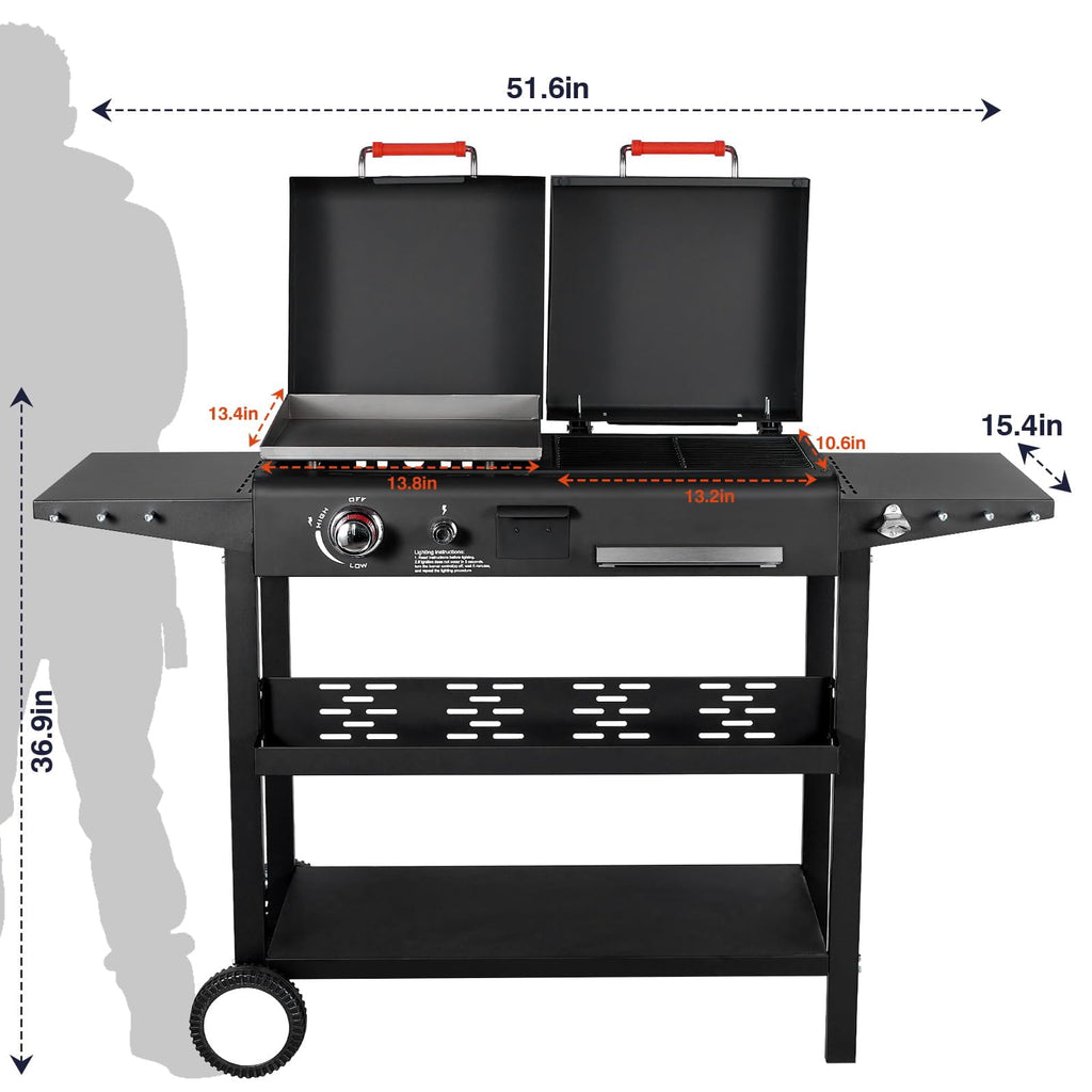 Frizi Charcoal and Gas Grill Combo with Black Dual Lids, Dual Fuel Propane Gas Grill with 2 Side Shelves for Outdoor Backyard Barbecue Cooking Gas Grills