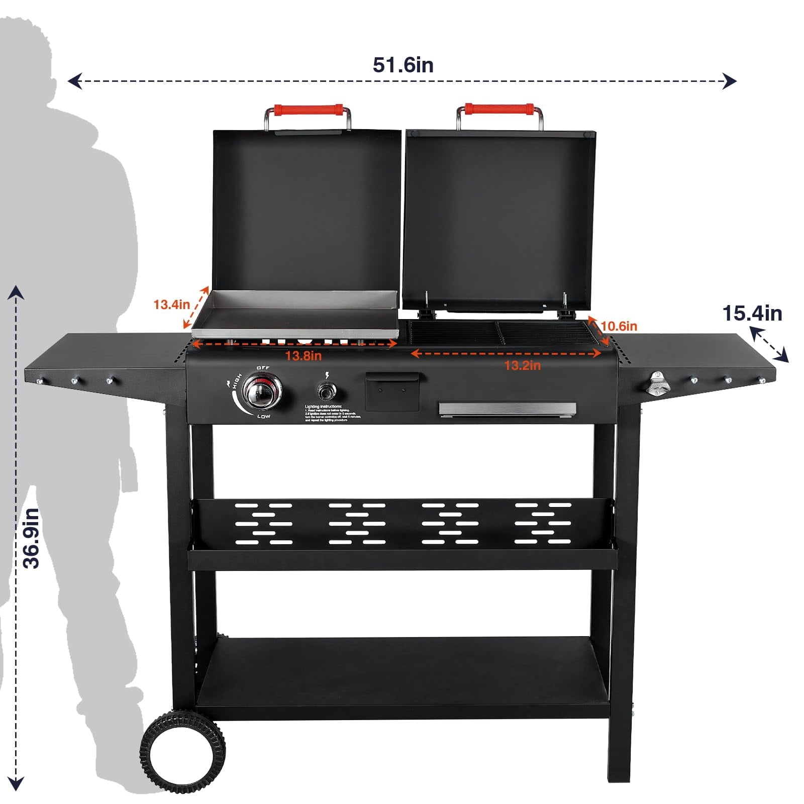 Frizi Charcoal and Gas Grill Combo with Black Dual Lids, Dual Fuel Propane Gas Grill with 2 Side Shelves for Outdoor Backyard Barbecue Cooking Gas Grills