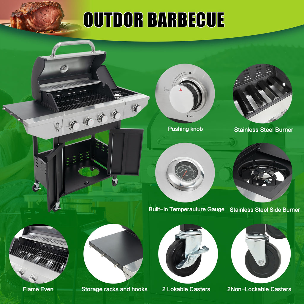 4 Burner Stainless Steel Gas Grill with Side Burner, 46,500 BTU Barbecue Propane Grill for Outdoor Patio Garden Camping, Black&Silver Gas Grills