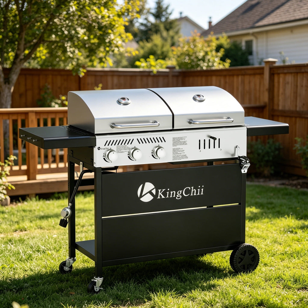 KingChii Gas and Charcoal Grill Combo, Dual Fuel 3-burner BBQ Grill Smoker with Side Burner for Outdoor Patio Cooking Barbecue Gas Grills