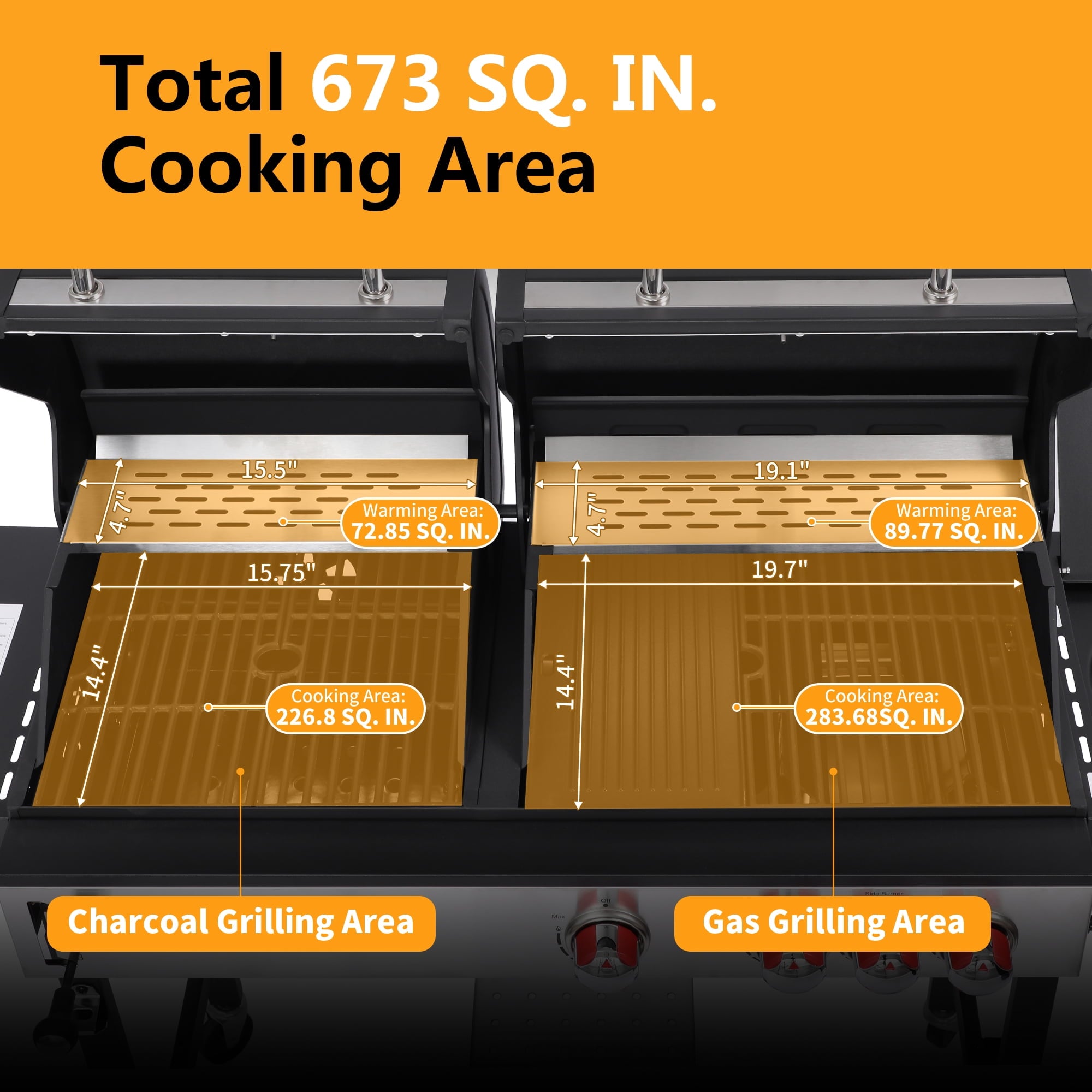 3 Burner Gas & Charcoal Combo Grill with Side Burner, Outdoor BBQ Propane Grill, 673 Sq. In. Cast Iron Grates & Reversible Griddle, 37200 BTU Stainless Steel Lid for Backyard Cooking Nice Cooker