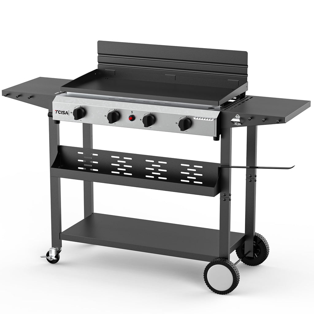 Tcisa 4 Burner Propane Gas Griddle with Standing Cart, Flat Top Grill with Hood for Camping, Tailgating, Backyard Gas Grills