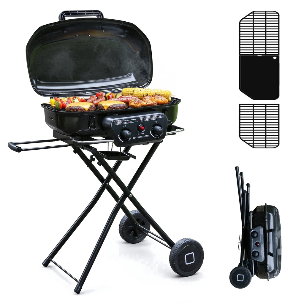 2 Burner Propane Gas Grill with Dual Cooking Surfaces, Porcelain Grate & Extra Griddle, Push-Button Ignition, Foldable Portable BBQ with Wheels for Backyard Patio Camping Gas Grills