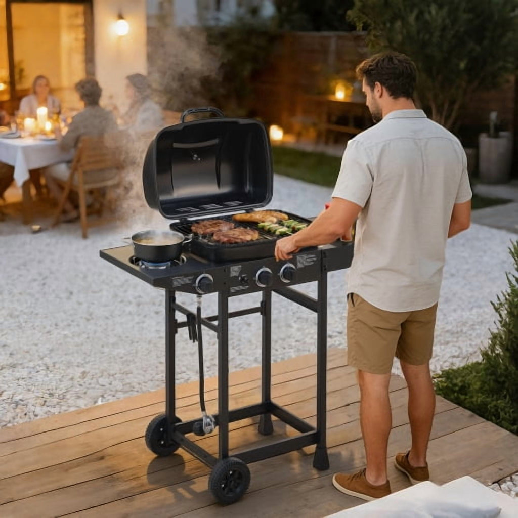 2 Burner Propane Gas Grill with Side Burner, 24000 BTU Outdoor BBQ Grill, Stainless Steel Enameled Grates, Side Tables, Wheels, 237 Sq. In. Cooking Area for Patio & Backyard Uhdpli