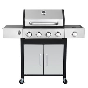 4-Burner BBQ Grill W/Side Burner, 50,000BTU Gas Propane Grill Portable with Storage Cabinet, Heavy-Duty Stainless Steel Outdoor Cooking, with Tank Hook, Towel Rack, Steel Brush Gas Grills
