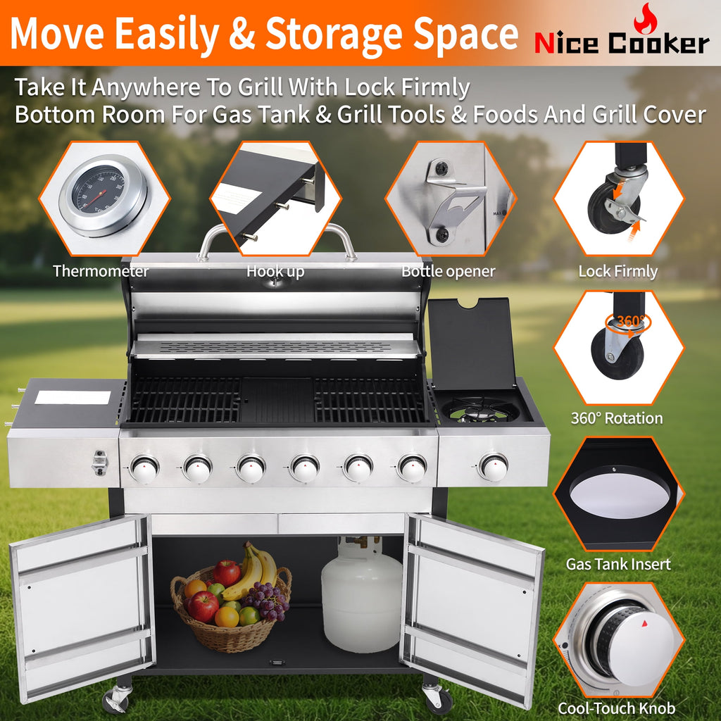 Nice Cooker 6-Burner Propane Gas BBQ Grill with Side Burner - 65850 BTU Total Output Stainless Steel Grills with Enameled Cast Iron Grill for Outdoor Backyard Barbecue, 620 SQ. IN. Cooking Area Nice Coker