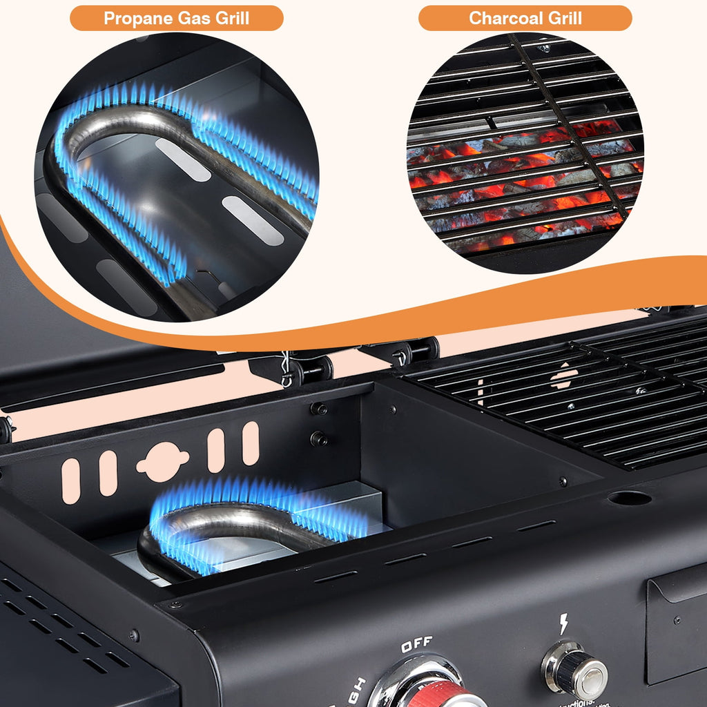 SIXDAY Dual Fuel Charcoal and Propane Grill Combo with Dual Lids, 12000 BTU Outdoor BBQ Grill with 2 Side Shelves for Backyard Cooking Gas Grills