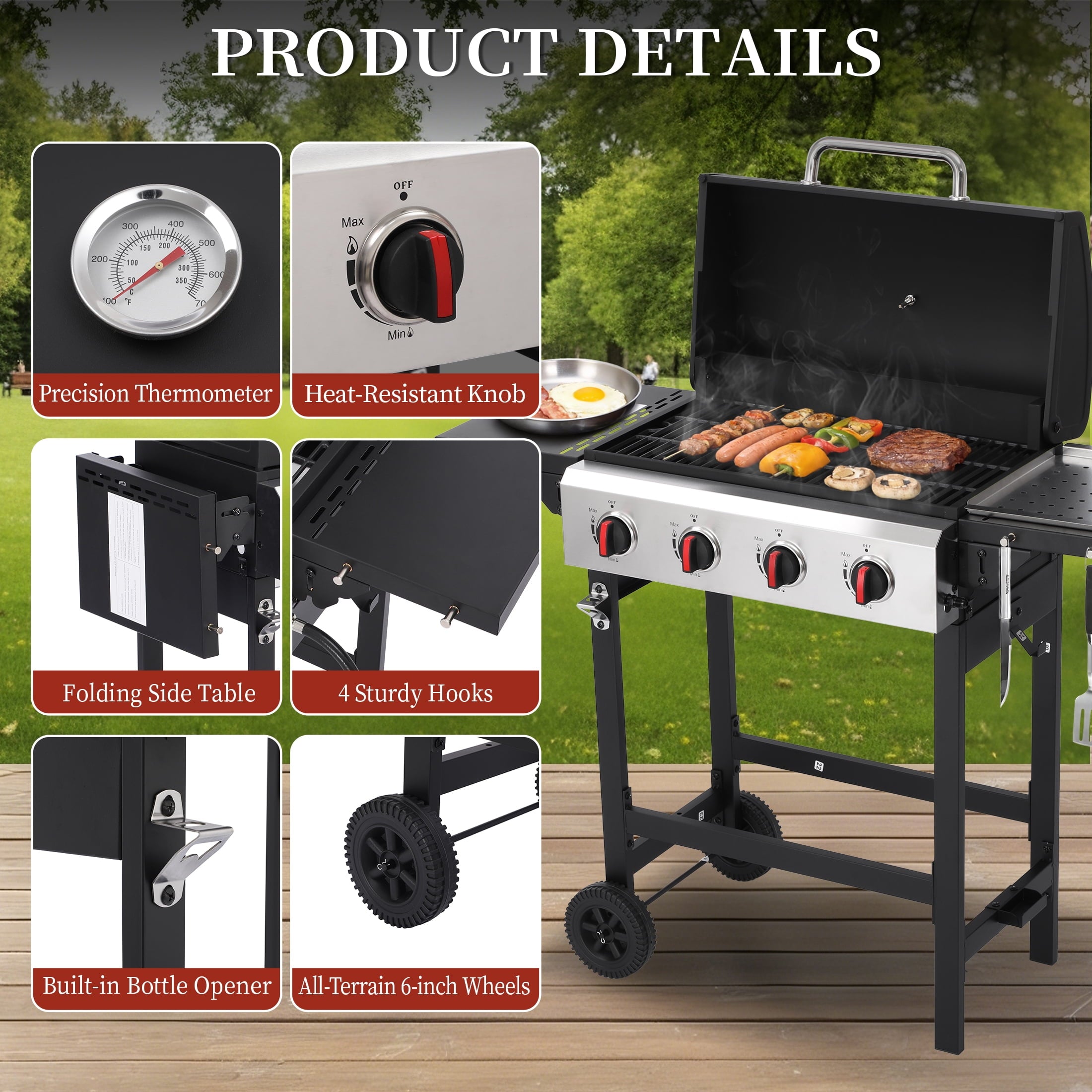 CIG GARDEN 4-Burner Propane Gas Grill with Folding Side Tables, Cast Iron Grates, and Stainless Steel Grill Pan CIG GARDEN