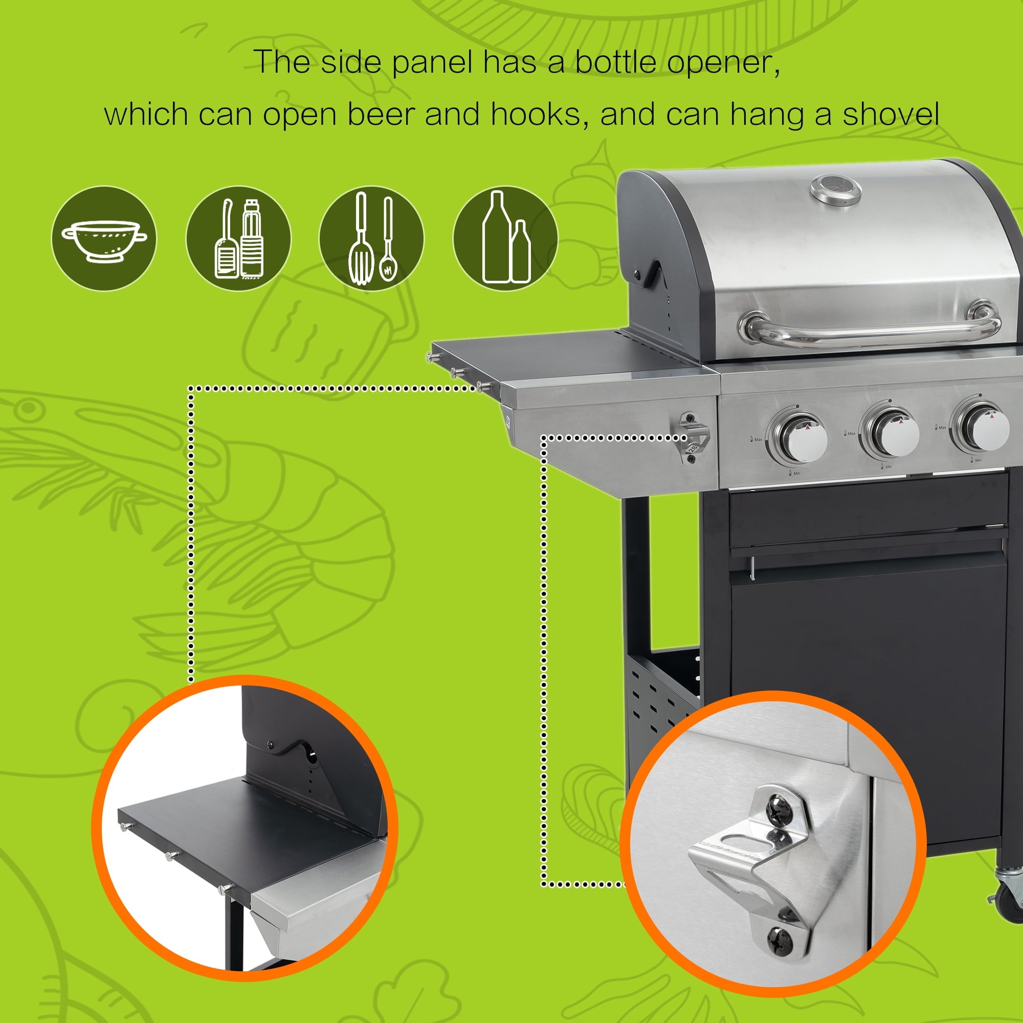 Enyopro 3 Burner Propane Gas Grill, 37,000BTU Stainless Steel BBQ Grill with Brush, Built-in Thermometer, 4 Universal Wheels for Outdoor Cooking Patio Backyard Gas Grills
