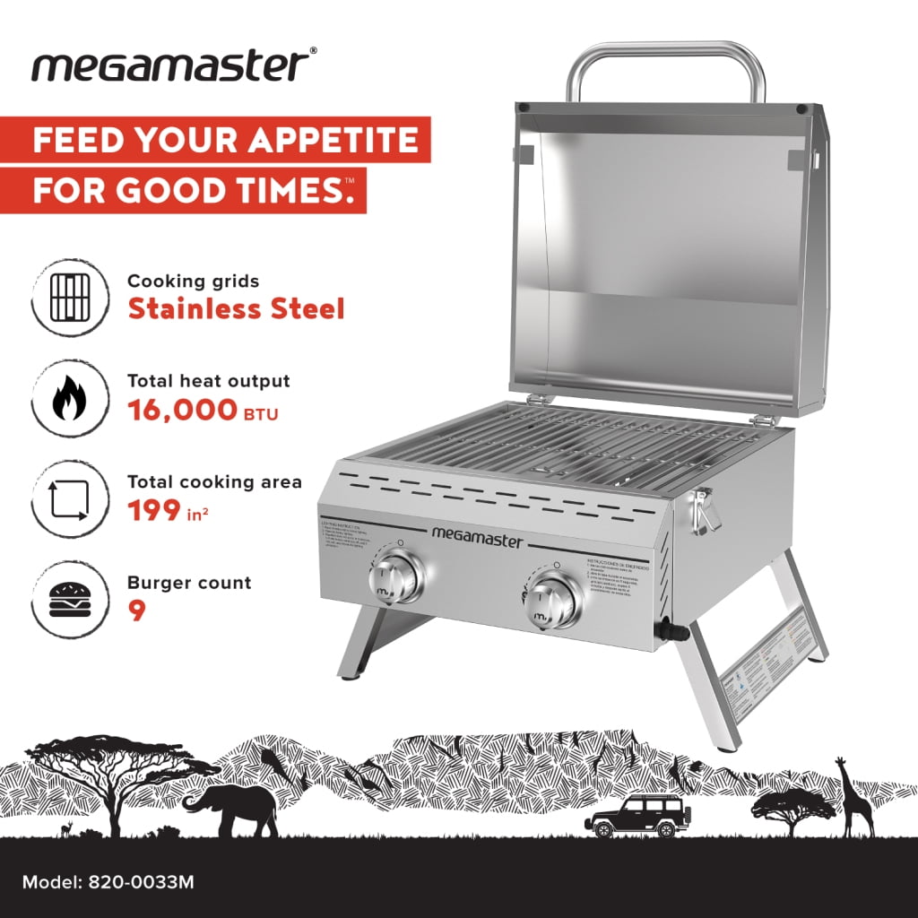 Megamaster 2-Burner Stainless Steel Portable Gas Grill with Built-In Lid, 16,000 BTUs, Foldable Legs, Small Propane Grill for Outdoor Cooking, Camping, BBQs, Patios, Tabletop, and Gardens - 820-0033M Megamaster